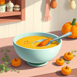 In a whimsical fairytale kitchen, depicted in soft pastel colors inspired by macarons, a cheerful spoon with a smiling face is nestled within a bowl of thick pumpkin soup
