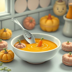 In a whimsical fairytale kitchen, depicted in soft pastel colors inspired by macarons, a cheerful spoon with a smiling face is nestled within a bowl of thick pumpkin soup