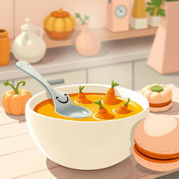In a whimsical fairytale kitchen, depicted in soft pastel colors inspired by macarons, a cheerful spoon with a smiling face is nestled within a bowl of thick pumpkin soup
