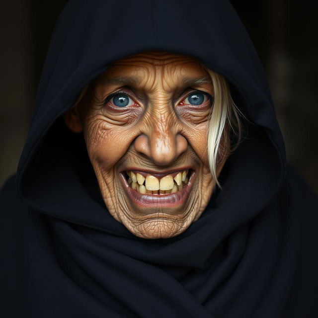 An elderly, malnourished African lady, wearing a long, fully closed black outfit with a hood, displaying her 150-year-old rotten teeth