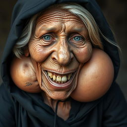 An elderly, malnourished African lady, wearing a long, fully closed black outfit with a hood, displaying her 150-year-old rotten teeth