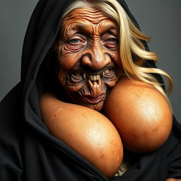 An elderly, malnourished African lady, wearing a long, fully closed black outfit with a hood, displaying her 150-year-old rotten teeth