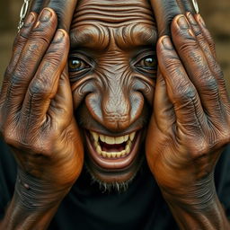 Uma senhora idosa africana, desnutrida, mostrando seus dentes podres de 150 anos, vestindo uma longa roupa preta totalmente fechada