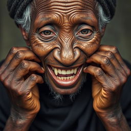 Uma senhora idosa africana, desnutrida, mostrando seus dentes podres de 150 anos, vestindo uma longa roupa preta totalmente fechada