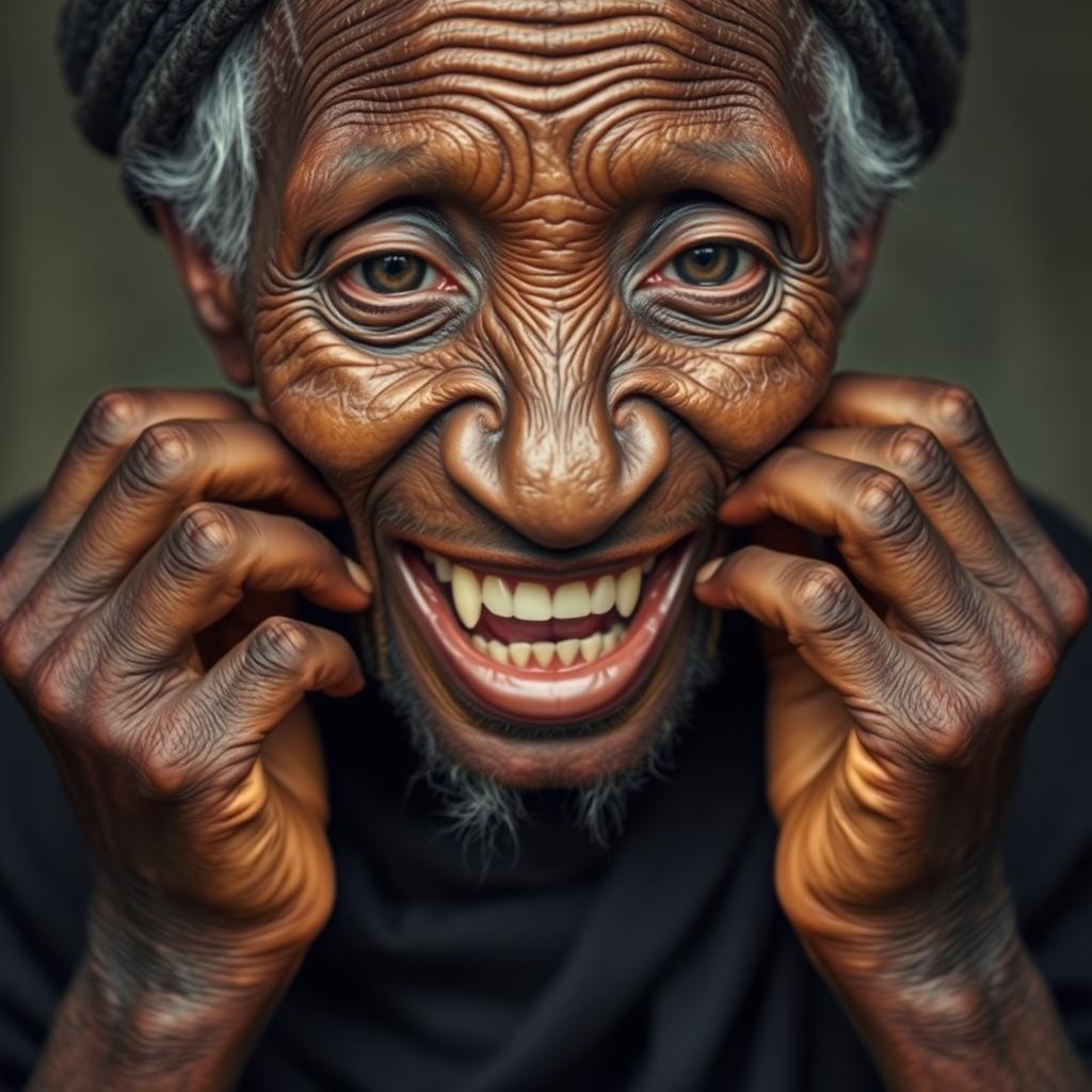 Uma senhora idosa africana, desnutrida, mostrando seus dentes podres de 150 anos, vestindo uma longa roupa preta totalmente fechada