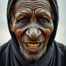 Uma senhora idosa africana, desnutrida, mostrando seus dentes podres de 150 anos, vestindo uma longa roupa preta totalmente fechada