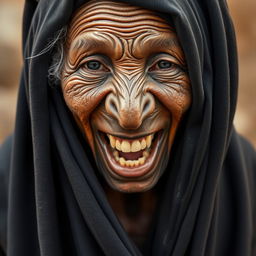 Uma senhora idosa africana, desnutrida, mostrando seus dentes podres de 150 anos, vestindo uma longa roupa preta totalmente fechada e com capuz