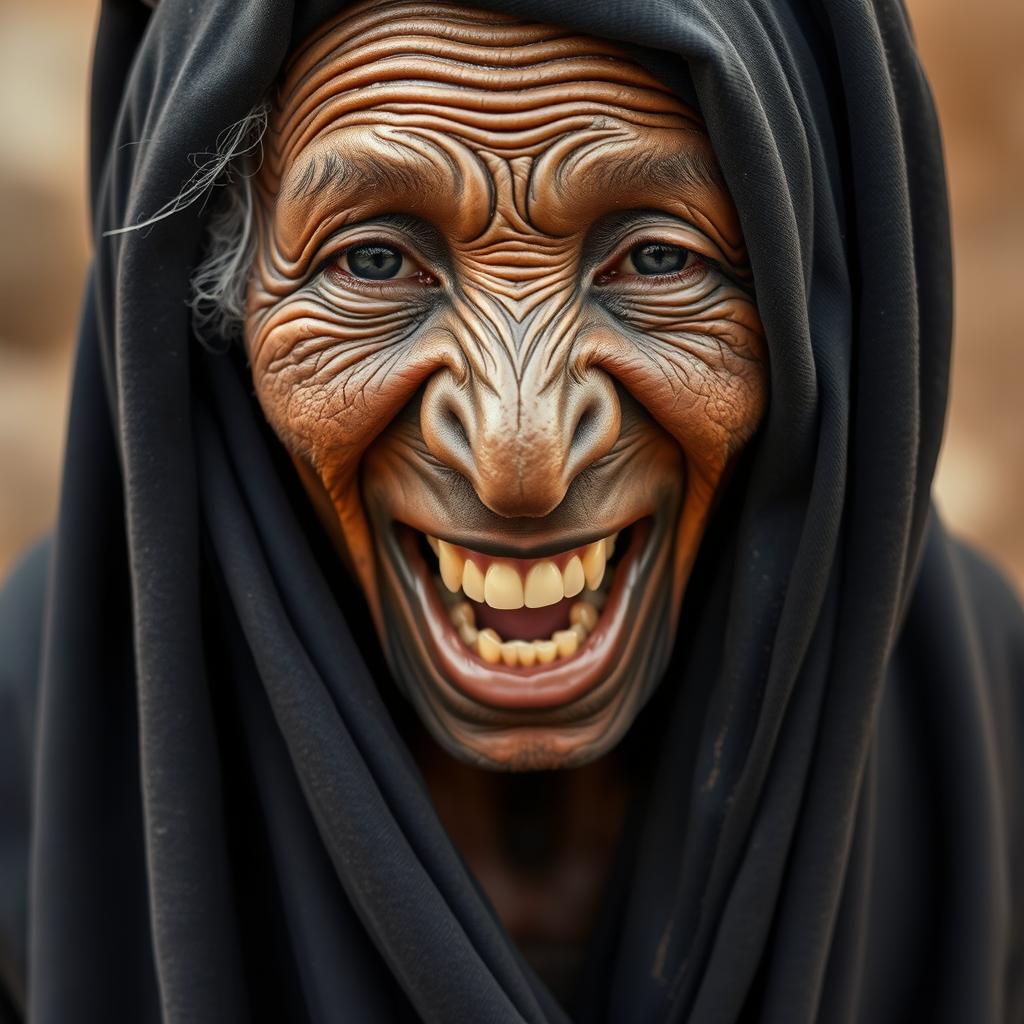 Uma senhora idosa africana, desnutrida, mostrando seus dentes podres de 150 anos, vestindo uma longa roupa preta totalmente fechada e com capuz