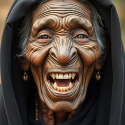 Uma senhora idosa africana, desnutrida, mostrando seus dentes podres de 150 anos, vestindo uma longa roupa preta totalmente fechada e com capuz