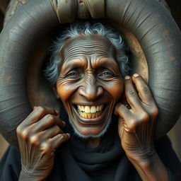 Uma senhora idosa africana, desnutrida, mostrando seus dentes podres de 150 anos, vestindo uma longa roupa preta totalmente fechada e com capuz