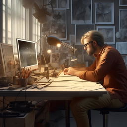 Generate a photorealistic, artistic image of a designer engrossed in their work at a desk.