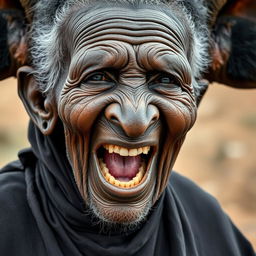 Uma senhora idosa africana, desnutrida, mostrando seus dentes podres de 150 anos, vestindo uma longa roupa preta totalmente fechada e com capuz