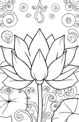 A beautifully intricate illustration of a lotus flower, designed for stress relief, featuring bold and easy outlines suitable for coloring