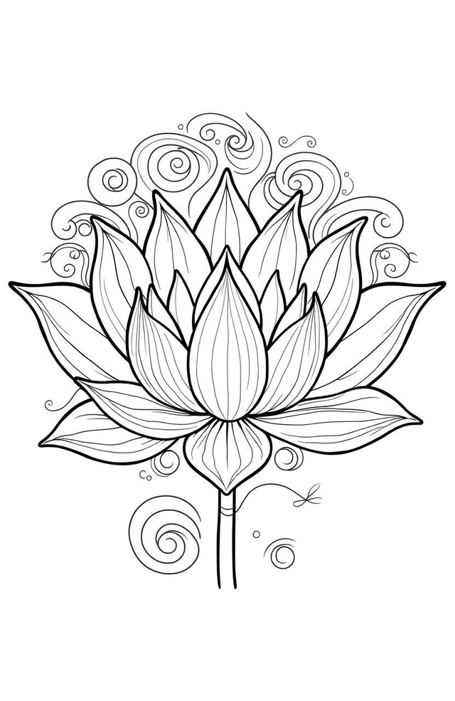 A beautifully intricate illustration of a lotus flower, designed for stress relief, featuring bold and easy outlines suitable for coloring