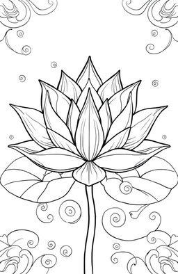 A beautifully intricate illustration of a lotus flower, designed for stress relief, featuring bold and easy outlines suitable for coloring