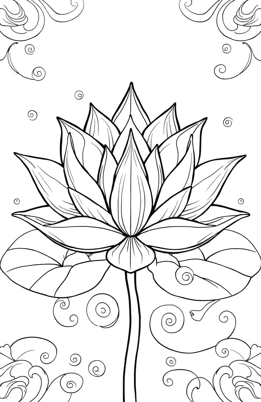 A beautifully intricate illustration of a lotus flower, designed for stress relief, featuring bold and easy outlines suitable for coloring