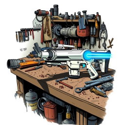 A detailed depiction of a white and silver energy rifle with a striking blue emitter at the end, resting on a cluttered workbench filled with tools and various mechanical parts
