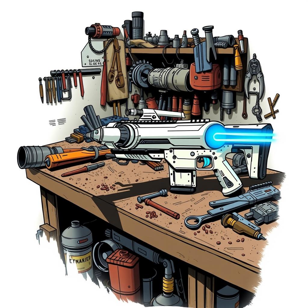 A detailed depiction of a white and silver energy rifle with a striking blue emitter at the end, resting on a cluttered workbench filled with tools and various mechanical parts