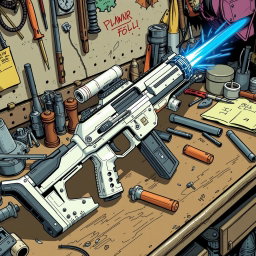 A detailed depiction of a white and silver energy rifle with a striking blue emitter at the end, resting on a cluttered workbench filled with tools and various mechanical parts