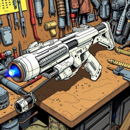 A detailed depiction of a white and silver energy rifle with a striking blue emitter at the end, resting on a cluttered workbench filled with tools and various mechanical parts