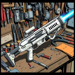 A detailed depiction of a white and silver energy rifle with a striking blue emitter at the end, resting on a cluttered workbench filled with tools and various mechanical parts