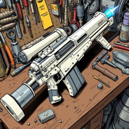 A detailed depiction of a white and silver energy rifle with a striking blue emitter at the end, resting on a cluttered workbench filled with tools and various mechanical parts