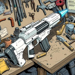 A detailed depiction of a white and silver energy rifle with a striking blue emitter at the end, resting on a cluttered workbench filled with tools and various mechanical parts