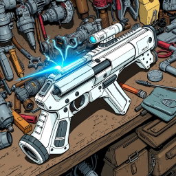 A detailed depiction of a white and silver energy rifle with a striking blue emitter at the end, resting on a cluttered workbench filled with tools and various mechanical parts