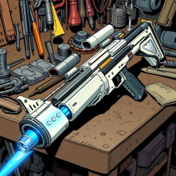 A detailed depiction of a white and silver energy rifle with a striking blue emitter at the end, resting on a cluttered workbench filled with tools and various mechanical parts