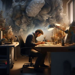 Generate a photorealistic, artistic image of a designer engrossed in their work at a desk.