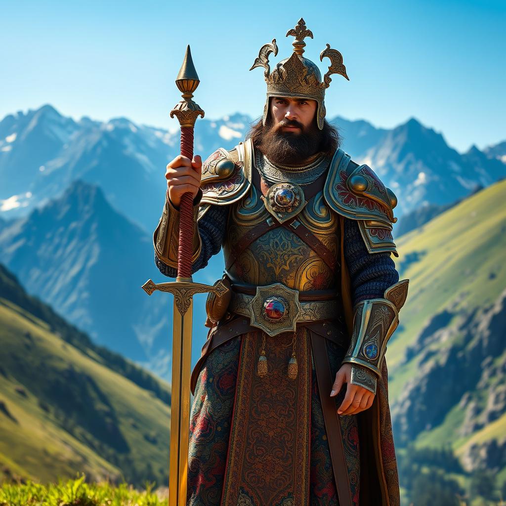 A striking portrayal of a Mazandaran prince clad in intricate, ornate armor, featuring rich patterns and embellishments typical of Persian design