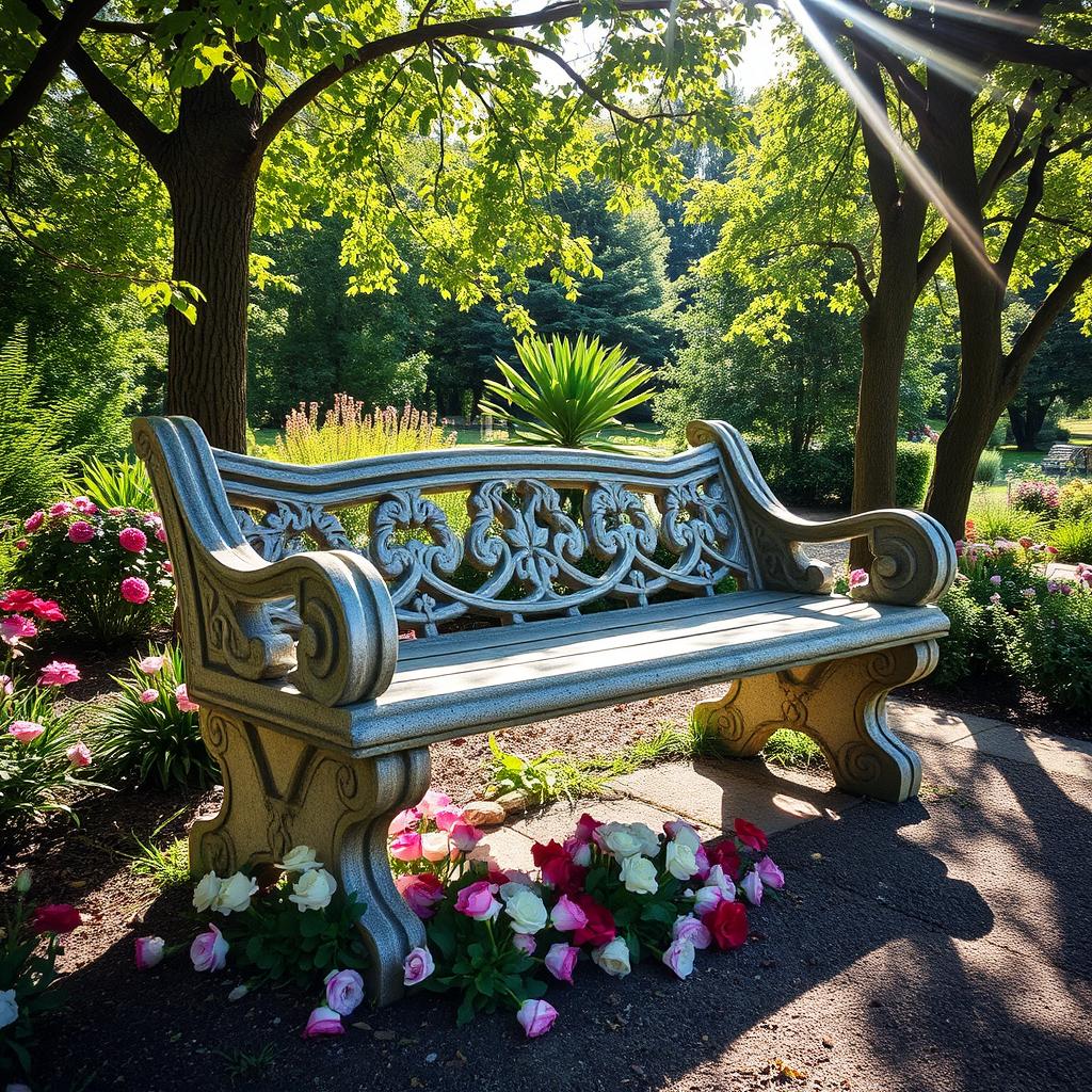 A beautifully crafted stone bench situated in a serene garden setting, surrounded by lush greenery and vibrant flowers