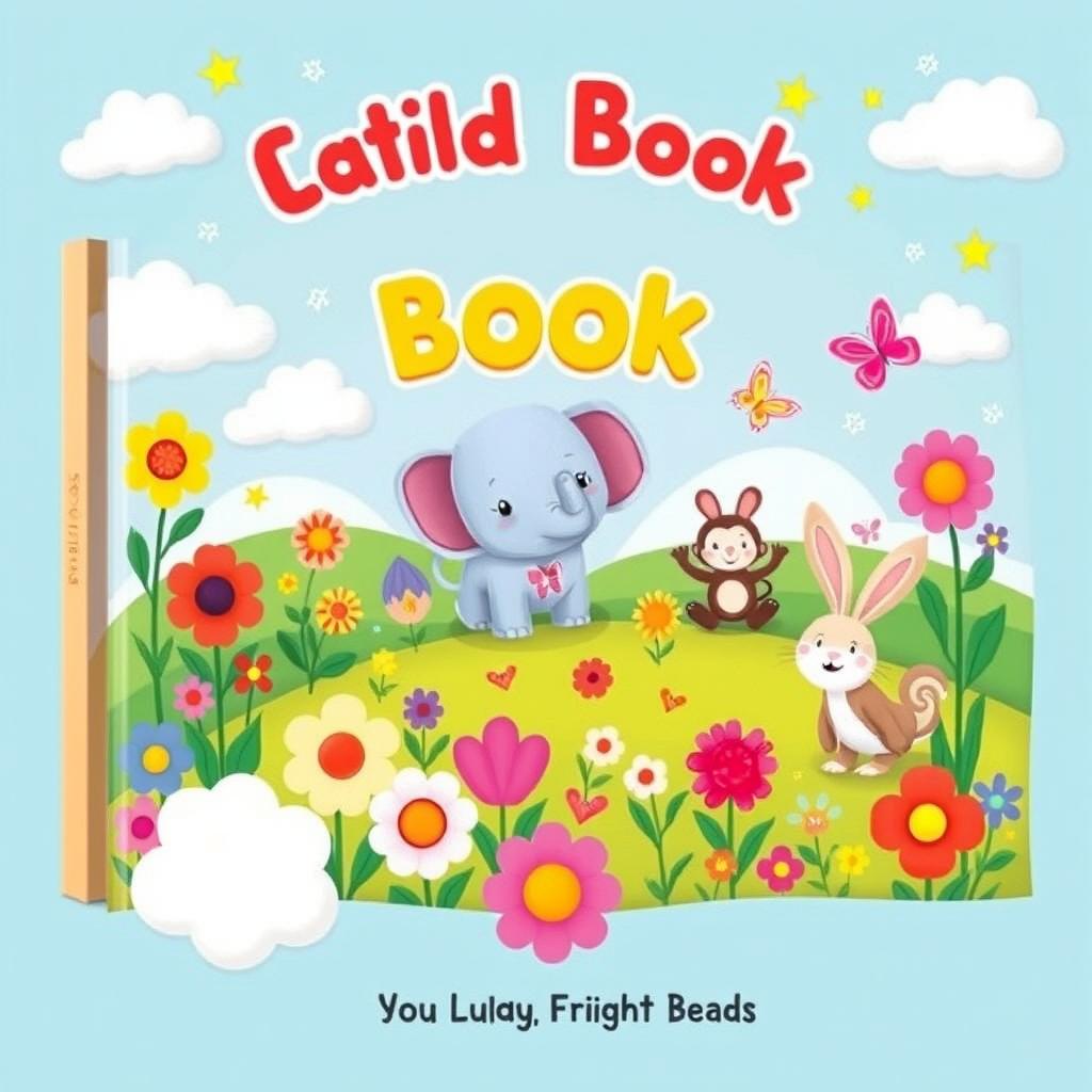 A vibrant and playful cover design for a children's book, featuring a whimsical landscape filled with colorful flowers, fluffy clouds, and friendly animals like a cheerful elephant, a playful monkey, and a curious rabbit