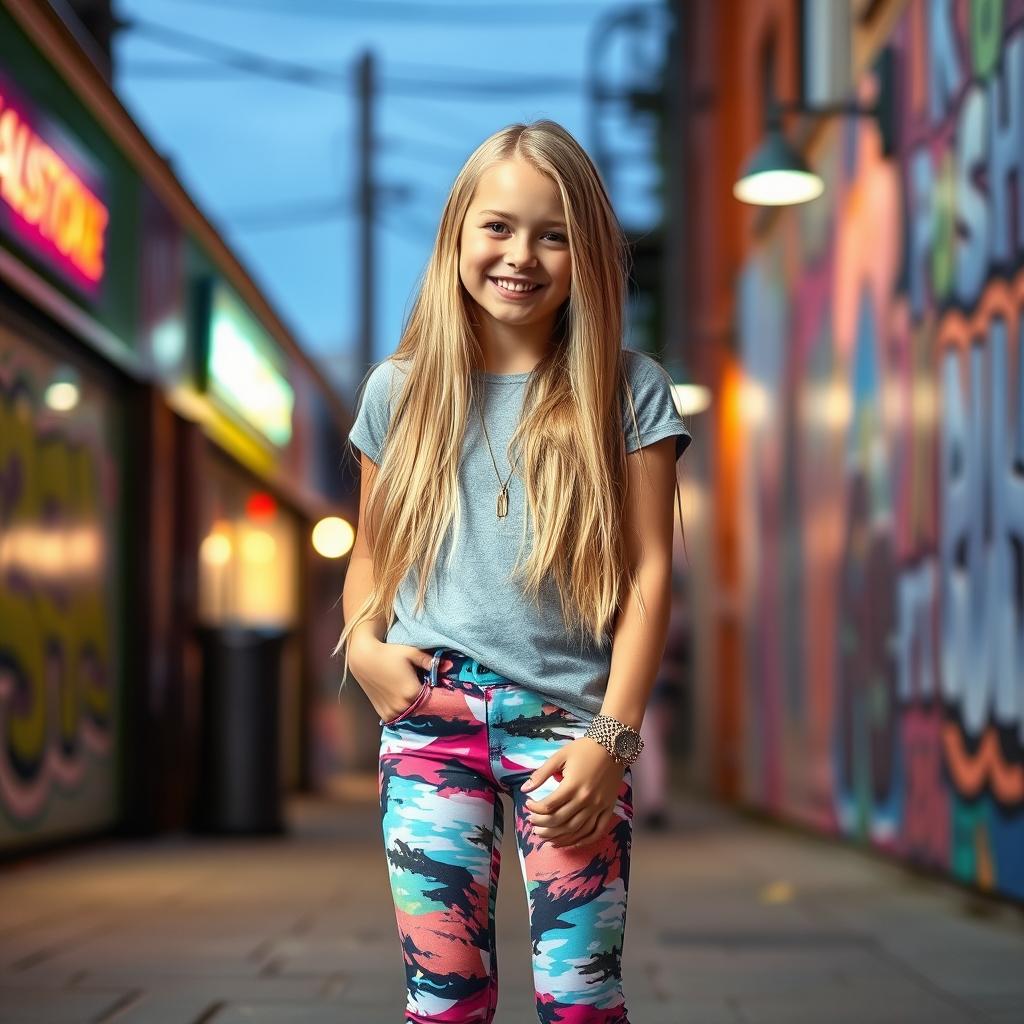 A fashionable teenage girl with long blonde hair wearing stylish leggings, standing confidently in a bright urban setting