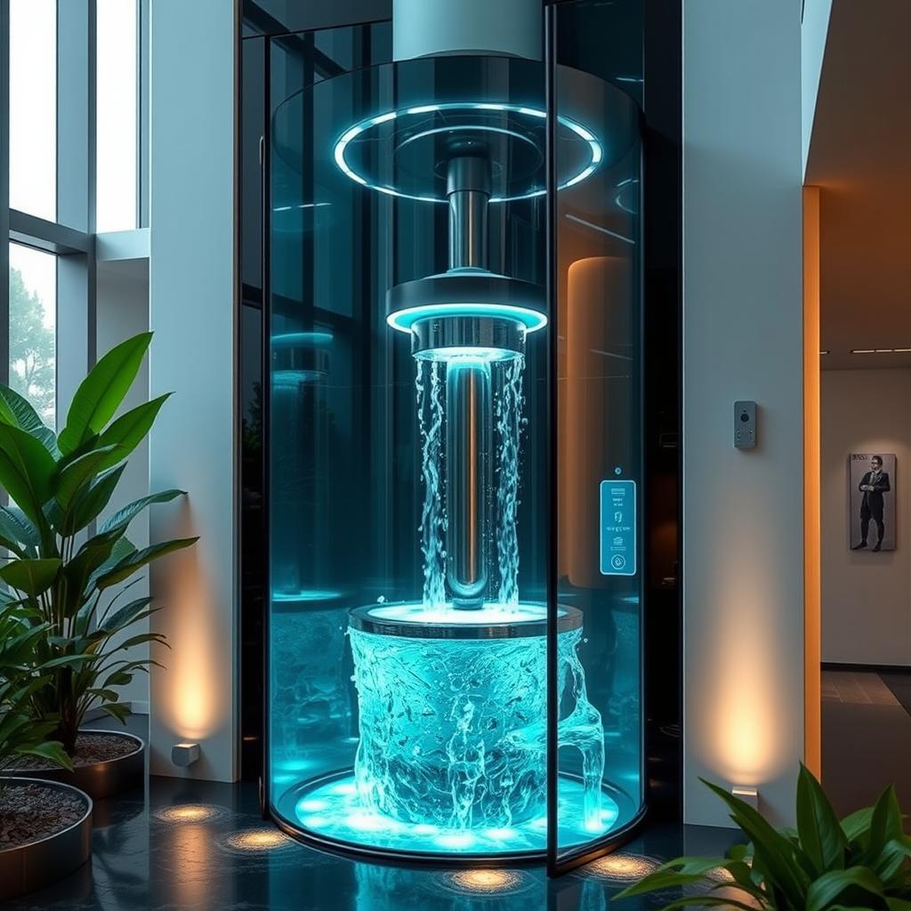 A futuristic water-powered elevator, featuring a sleek, transparent design with flowing water around the mechanism, surrounded by a modern architectural setting