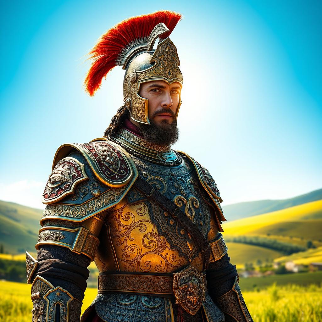 A majestic Mazandaran prince adorned in intricately designed armor, showcasing rich Persian heritage, standing proudly in a lush green landscape