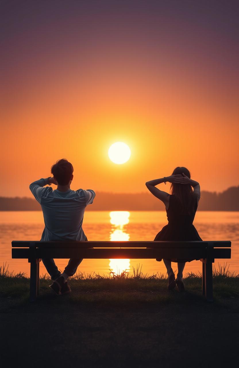 A hyperrealistic portrait of a couple sitting on a bench by a serene lake during sunset