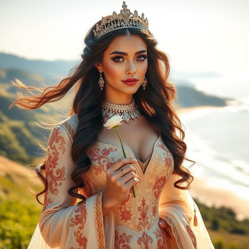 A majestic Mazandaran princess adorned in traditional Persian attire, featuring an elegant gown with intricate floral patterns and shimmering fabrics