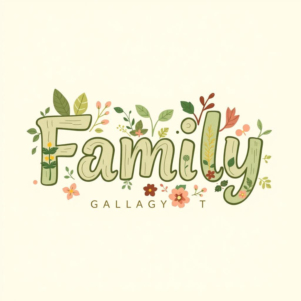 A typographic design for a family gathering t-shirt featuring the word 'Family' artistically integrated with elements of nature like leaves, trees, and flowers