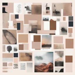 A creative, multi-element moodboard encompassing various themes, color palettes, textures, and inspirational images for design reference.