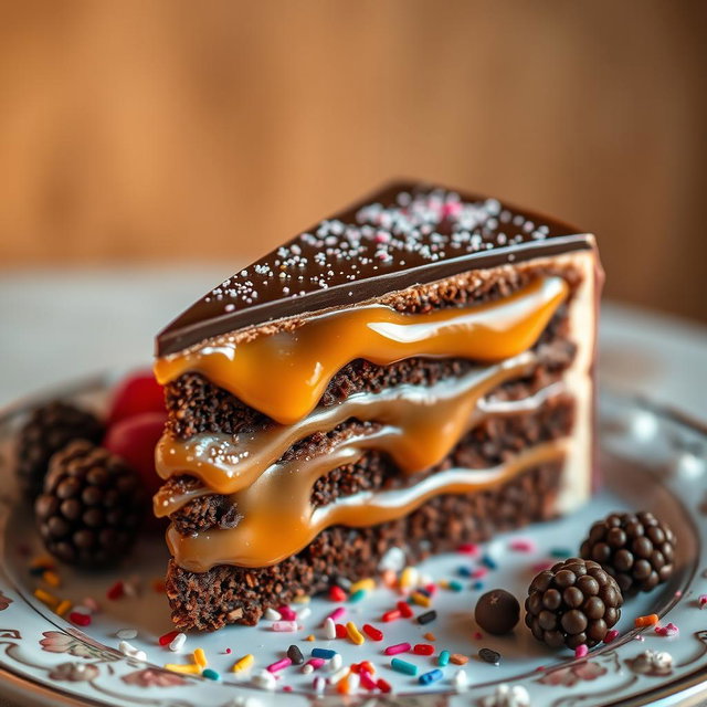 A beautiful piece of cake featuring layers of chocolate and caramel, adorned with sparkling fairy dust