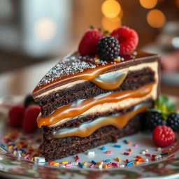A beautiful piece of cake featuring layers of chocolate and caramel, adorned with sparkling fairy dust