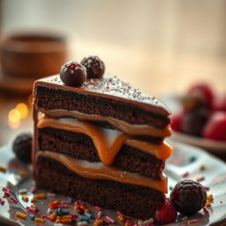 A beautiful piece of cake featuring layers of chocolate and caramel, adorned with sparkling fairy dust