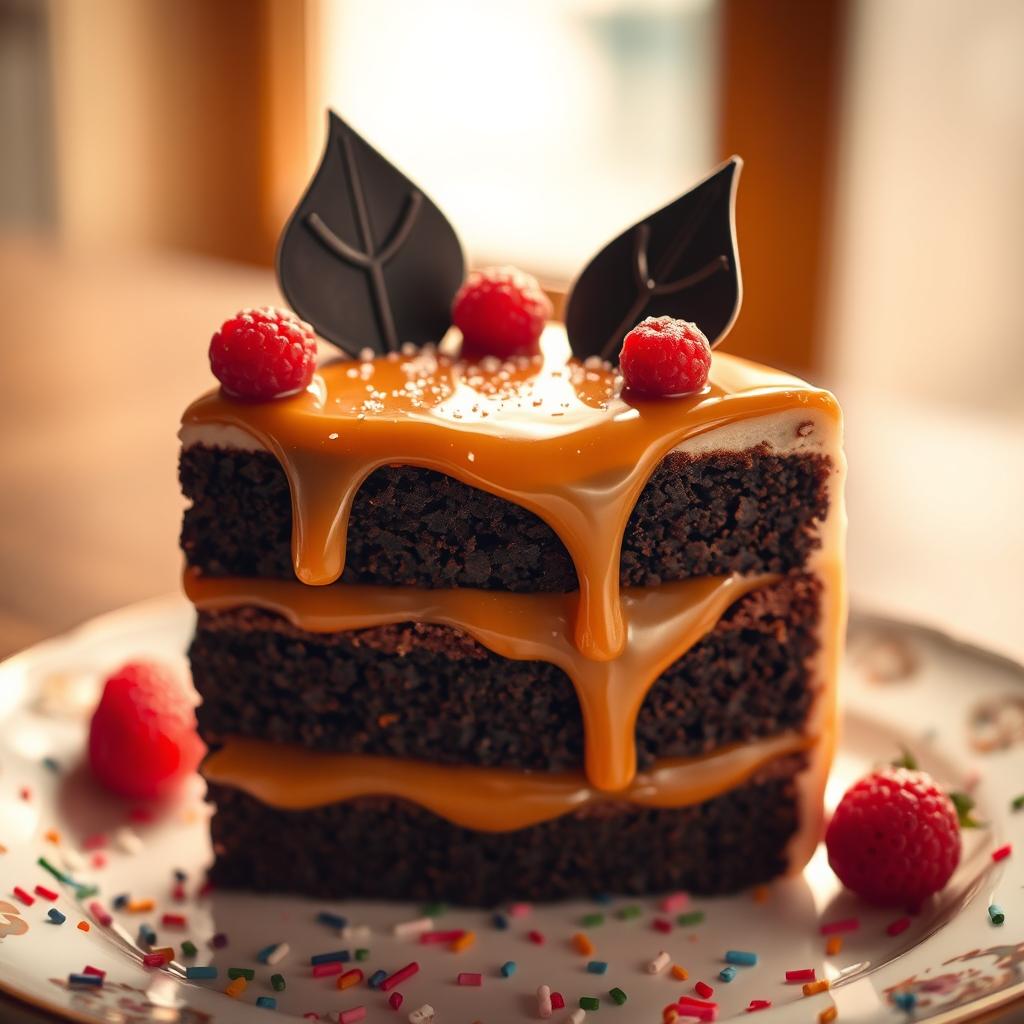A beautiful piece of cake featuring layers of chocolate and caramel, adorned with sparkling fairy dust