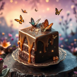 A whimsical fantasy scene featuring a stunning piece of cake crafted from rich chocolate and luscious caramel, sprinkled with shimmering fairy dust