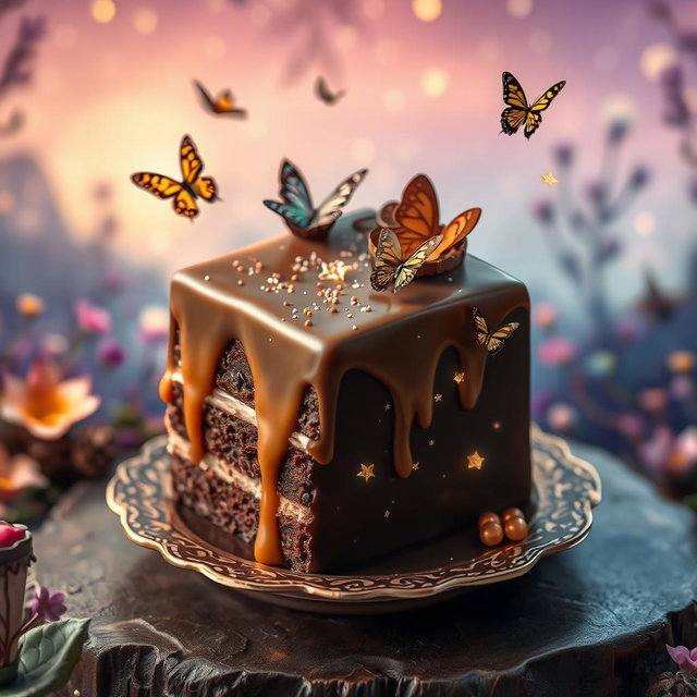 A whimsical fantasy scene featuring a stunning piece of cake crafted from rich chocolate and luscious caramel, sprinkled with shimmering fairy dust