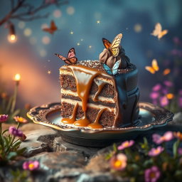 A whimsical fantasy scene featuring a stunning piece of cake crafted from rich chocolate and luscious caramel, sprinkled with shimmering fairy dust