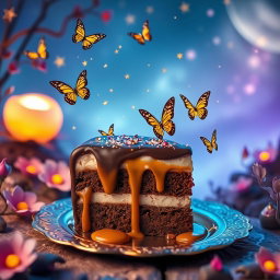 A whimsical fantasy scene featuring a stunning piece of cake crafted from rich chocolate and luscious caramel, sprinkled with shimmering fairy dust