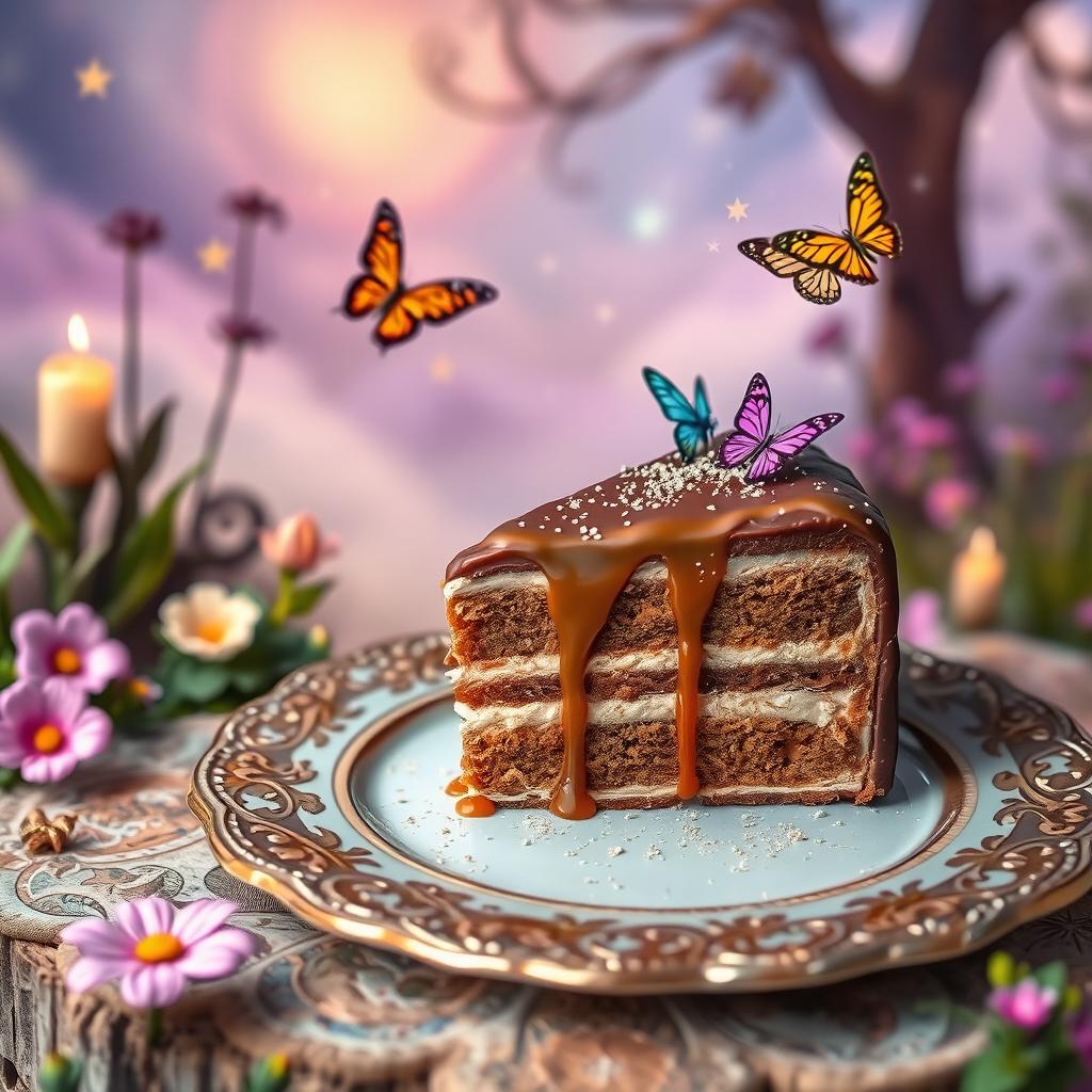 A whimsical fantasy scene featuring a stunning piece of cake crafted from rich chocolate and luscious caramel, sprinkled with shimmering fairy dust