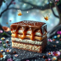 A fantastical scene showcasing a decadent piece of cake that combines rich chocolate and creamy caramel, elegantly dusted with sparkling fairy dust